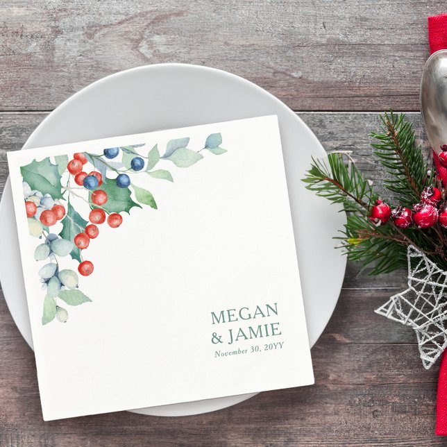 Winter Berries and Holly Wedding Napkins (Winter Wedding Cocktail Napkins with Holly and Winter Berries)