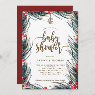 winter berries and pine baby shower invitation