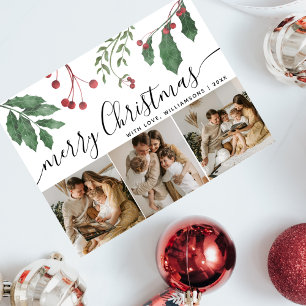 Winter Berries Elegant Script 3Photo Christmas Holiday Postcard