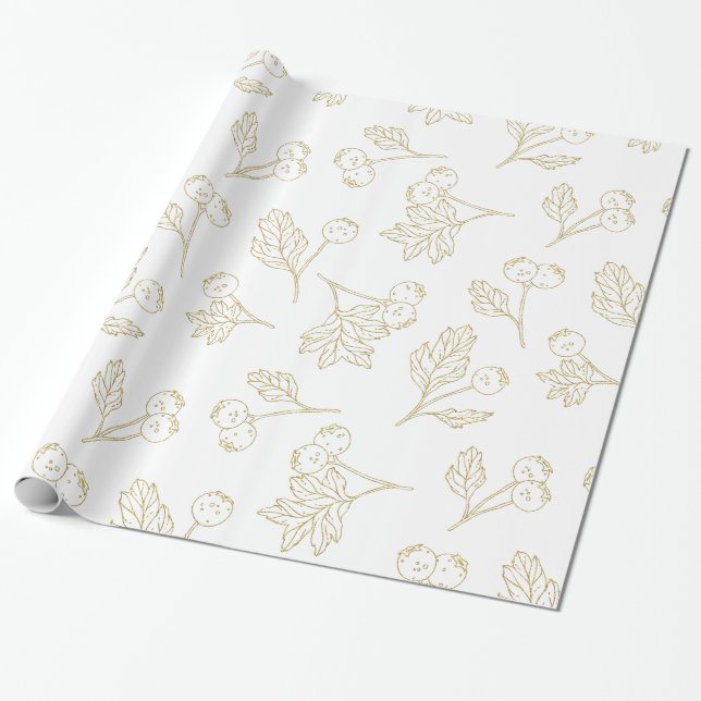 Winter Berries Gold White  Christmas Wrapping Paper (Unrolled)