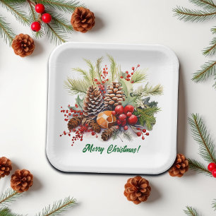Winter Berries Greenery Pine Cones Paper Plate