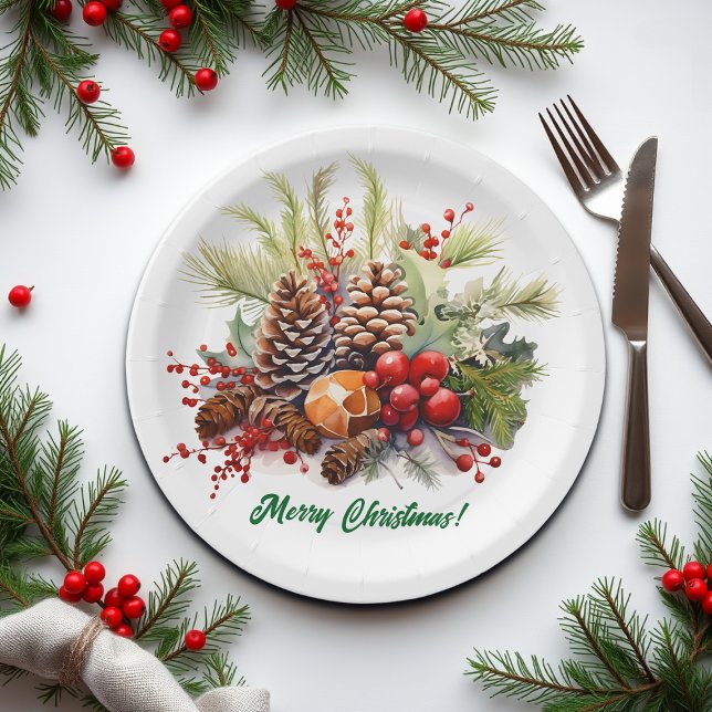 Winter Berries Greenery Pine Cones Paper Plate (Creator Uploaded)