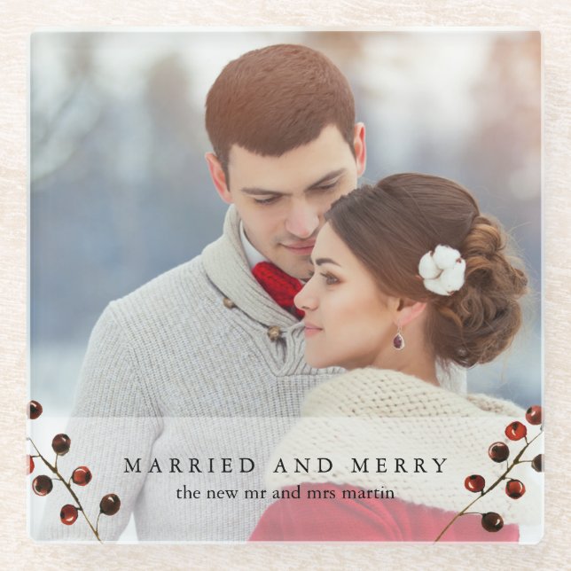 Winter Berries Married and Merry Photo Coaster (Front)