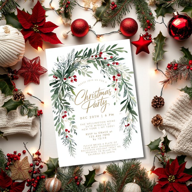 Winter Berries Modern Script Christmas Party Invitation (Creator Uploaded)