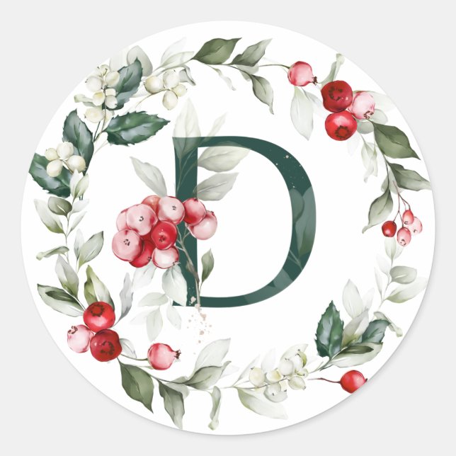 Winter Berries Monogram D Small Round Labels (Front)