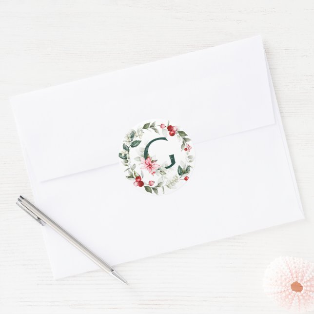 Winter Berries Monogram G Small Round Labels (Envelope)