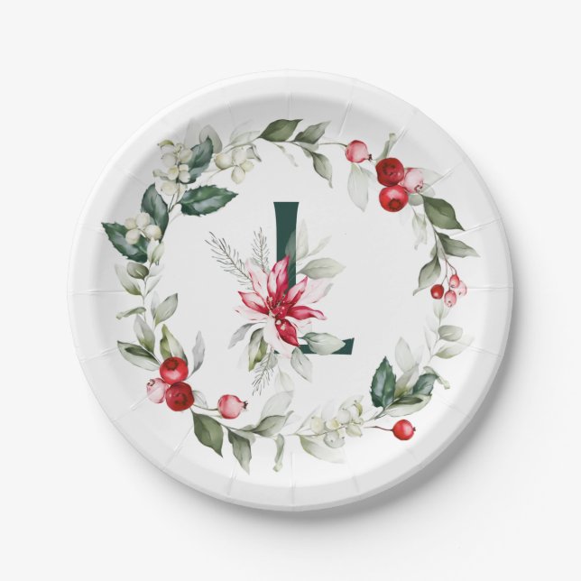 Winter Berries Monogram L  Paper Plate (Front)