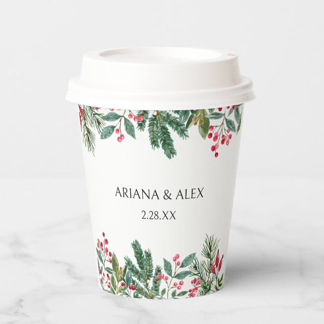 Winter Berries Pine Cone Greenery Wedding Paper Cups (Front)
