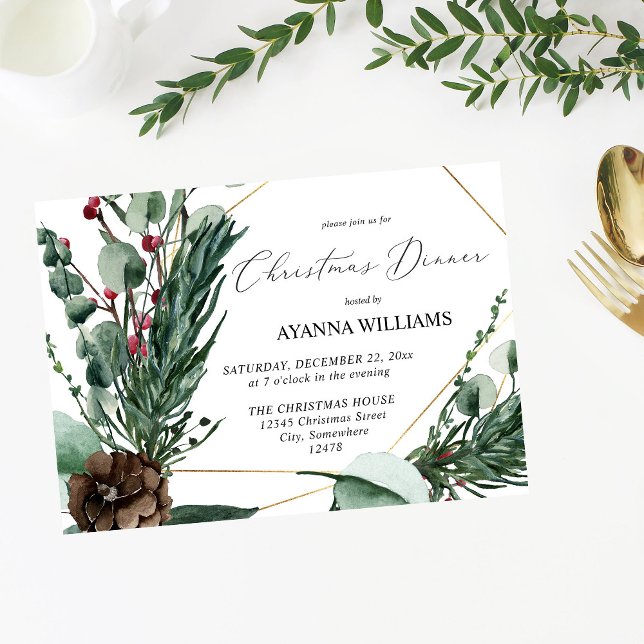 Winter Berries & Pine Greenery Christmas Dinner In Invitation (Creator Uploaded)