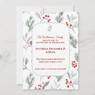 Winter Berries Pine Greenery Holiday Party Invitation