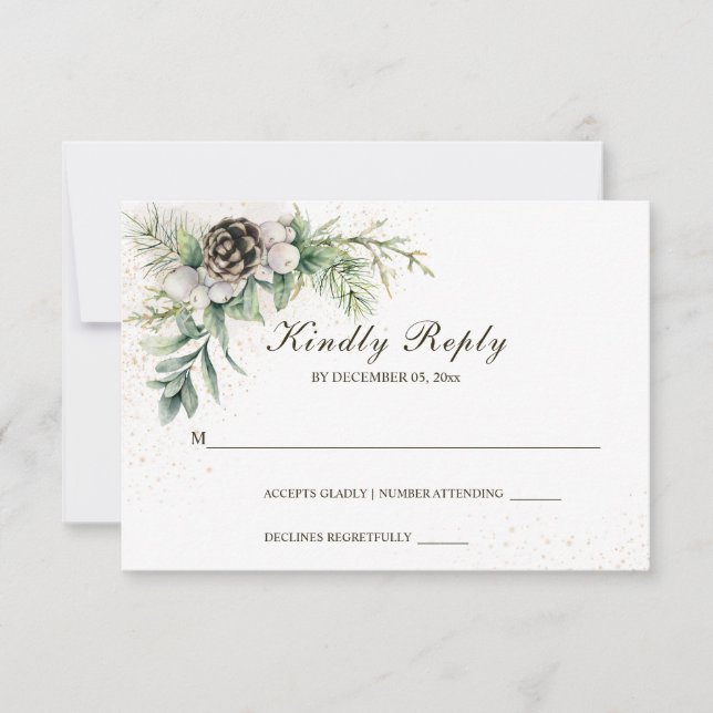Winter Berries Pine Greenery Wedding RSVP Card (Front)