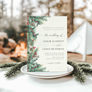 Winter Berries & Pine Watercolor Greenery Wedding  Invitation