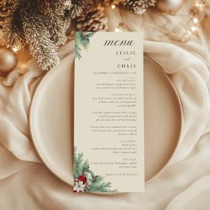 Winter Berries & Pine Watercolor Greenery Wedding  Menu