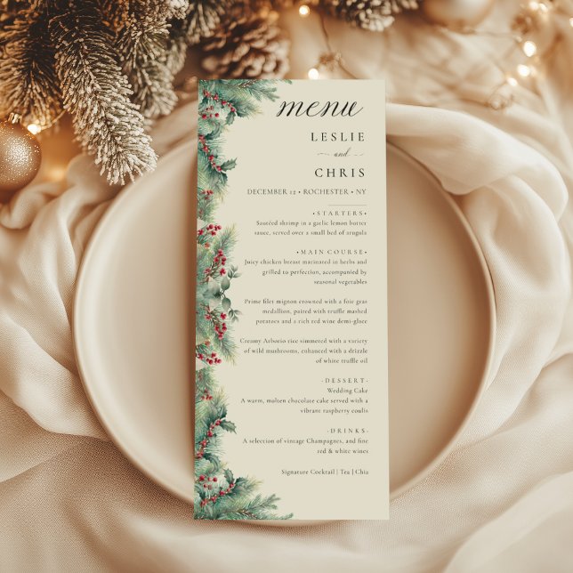 Winter Berries & Pine Watercolor Greenery Wedding  Menu (Creator Uploaded)