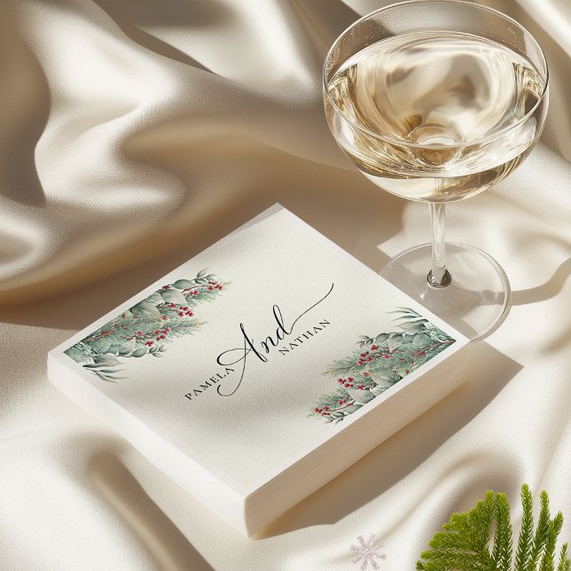 Winter Berries & Pine Watercolor Greenery Wedding  Napkin (Creator Uploaded)