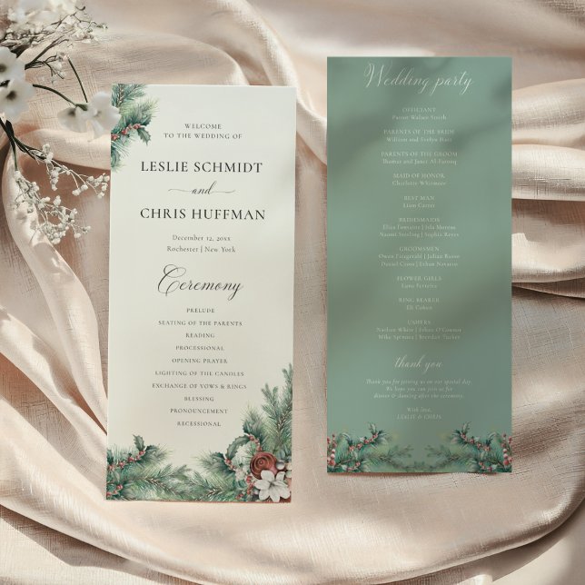 Winter Berries & Pine Watercolor Greenery Wedding  Programme (Creator Uploaded)
