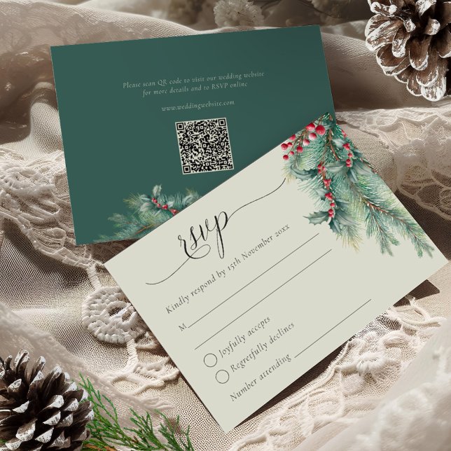 Winter Berries & Pine Watercolor Greenery Wedding  RSVP Card (Creator Uploaded)