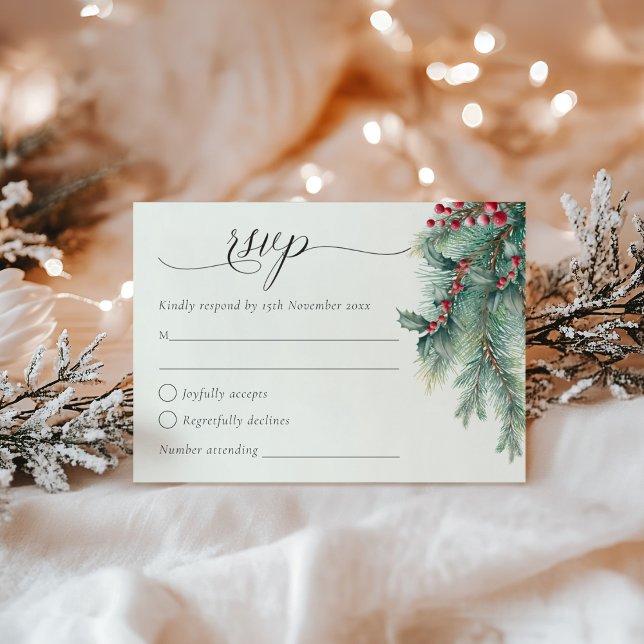Winter Berries & Pine Watercolor Greenery Wedding  RSVP Card (Creator Uploaded)