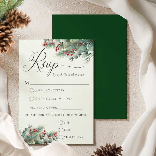 Winter Berries & Pine Watercolor Greenery Wedding  RSVP Card (Creator Uploaded)