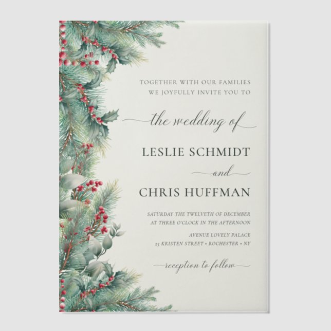 Winter Berries & Pine Watercolor Greenery Wedding  Vellum Invitations (Front)