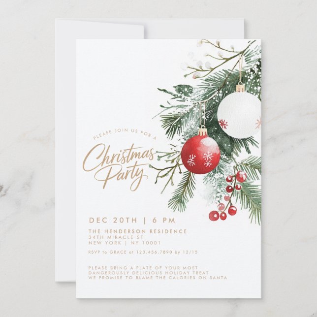 Winter Berries Red Ornaments Christmas Party Invitation (Front)