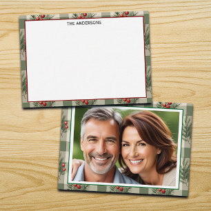 Winter Berries Sage Checkered Photo Note Card