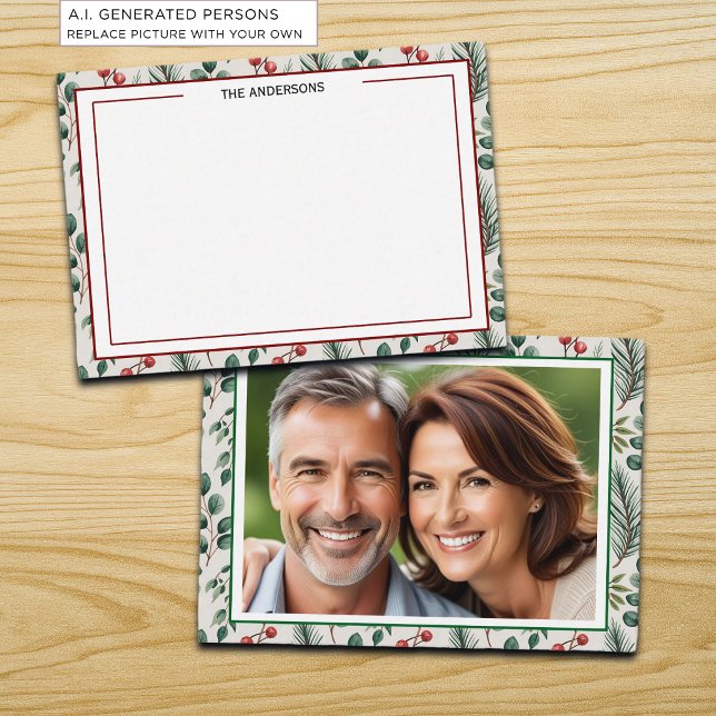 Winter Berries Sage Chequered Photo Note Card (Creator Uploaded)