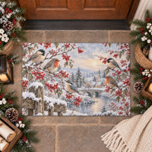 Winter Berries Snowy Village Birds Illustration