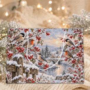 Winter Berries Snowy Village Birds Illustration Large Gift Bag