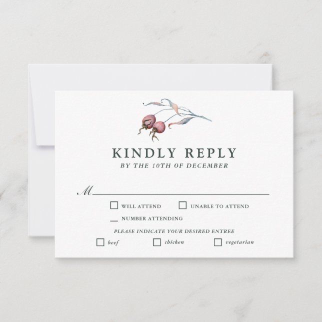 Winter Berries Watercolor Botanical RSVP Entrees Card (Front)