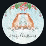 Winter Berries Woodland Fox Merry Christmas Classi Classic Round Sticker<br><div class="desc">Woodland foxes kiss in the winter snow. With watercolour winter berries,  holly and green foliage.</div>