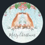 Winter Berries Woodland Fox Merry Christmas Classi Classic Round Sticker<br><div class="desc">Woodland foxes kiss in the winter snow. With watercolour winter berries,  holly and green foliage.</div>