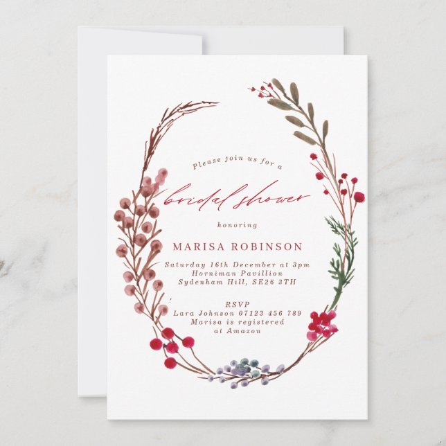 Winter Berries Wreath Bridal Shower Invitation (Front)