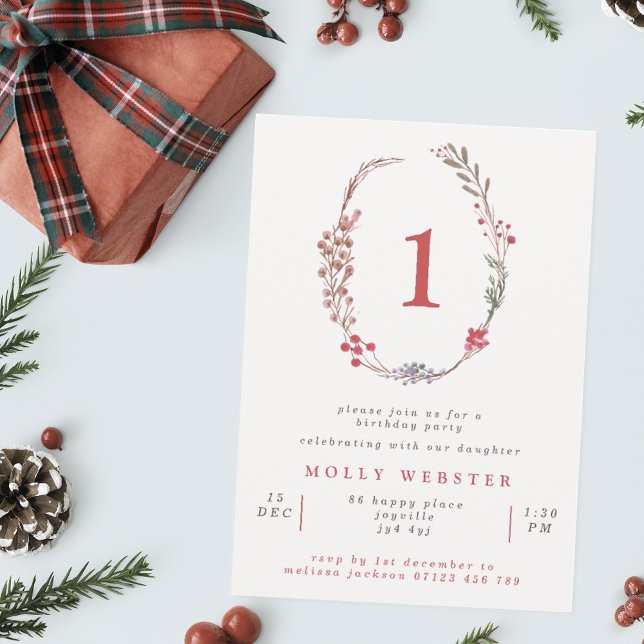 Winter Berries Wreath Girl's 1st Birthday Party Invitation (Creator Uploaded)