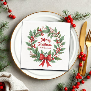 Winter Berries Wreath Red Bow Napkin