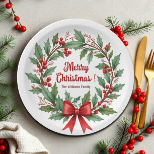 Winter Berries Wreath Red Bow Paper Plate