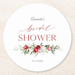 Winter Berry Bridal Shower Round Paper Coaster