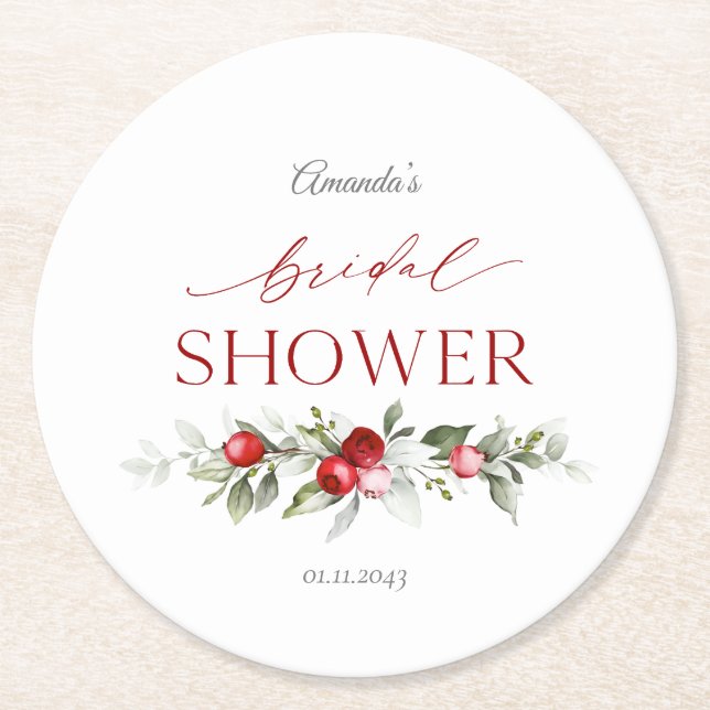 Winter Berry Bridal Shower Round Paper Coaster (Front)