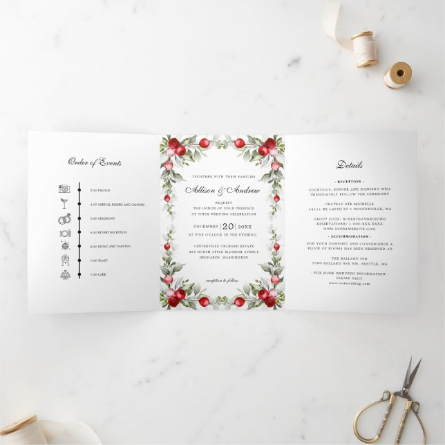 Winter Berry Christmas Wedding Timeline Invitation (Inside)