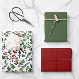 Winter Berry & Evergreen Christmas Gift Wrap Set 3