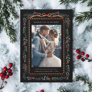 Winter Berry Frame Married & Merry Photo Black Holiday Card