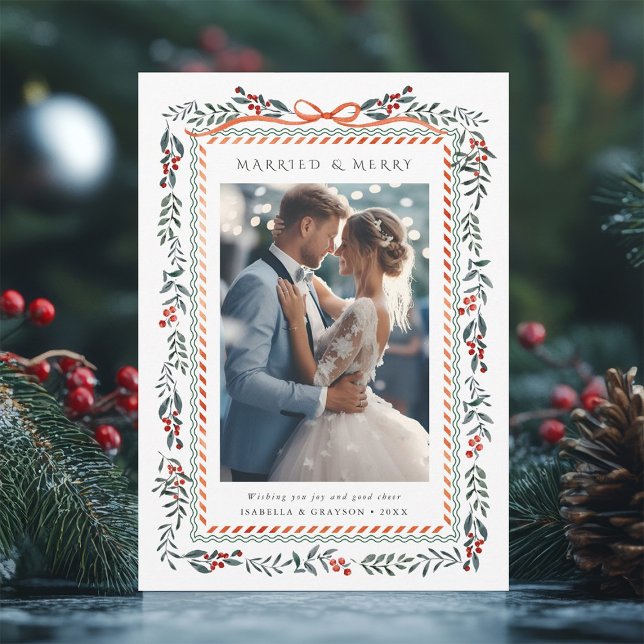 Winter Berry Frame Married & Merry Photo Holiday Card (Creator Uploaded)