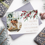 Winter Berry Script Christmas One Photo Arch<br><div class="desc">Greet your friends and loved ones a Merry Christmas this holiday season with this modern elegant foil card featuring watercolor winter berries,  botanical leaf stems,  an arch photo of your family and a holiday greetings you can personalise.</div>