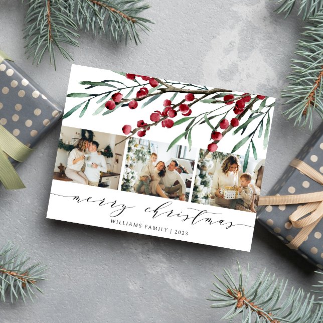 Winter Berry Script Christmas Three Photo Holiday Postcard (Creator Uploaded)