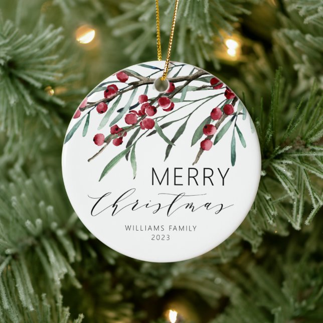 Winter Berry Script Merry Christmas Holiday Ceramic Tree Decoration (Tree)