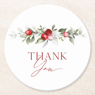 Winter Berry Thank You Bridal Shower Round Paper Coaster