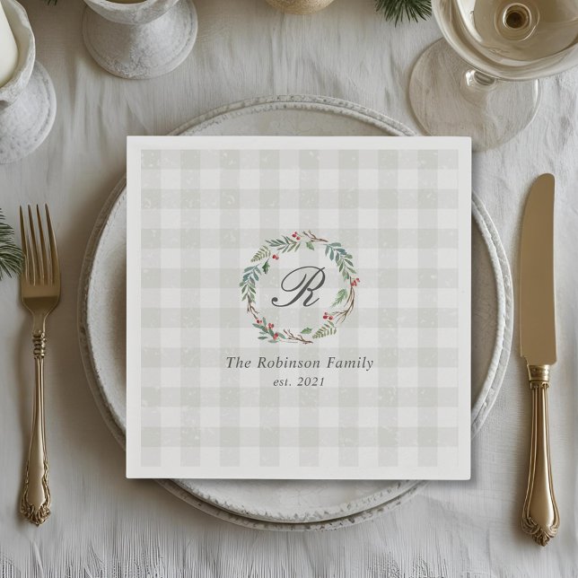 Winter Berry Wreath Family Name Initial Christmas Napkin (Creator Uploaded)