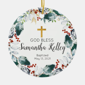 Winter Berry Wreath Personalised Girl Baptism  Ceramic Tree Decoration