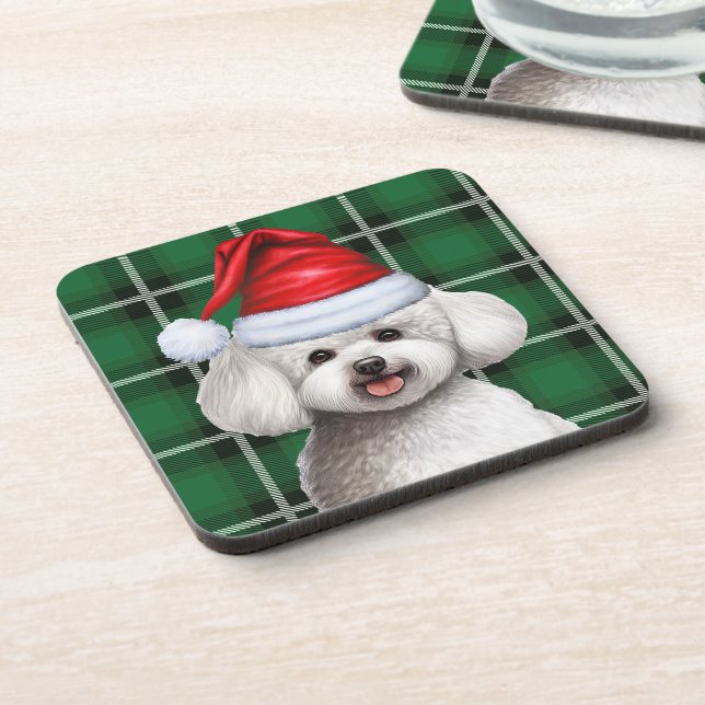 Winter Bichon Frise Dog Holiday Green Plaid Coaster (Left Side)