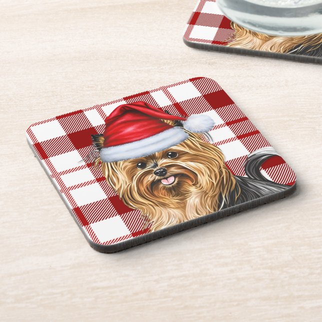 Winter Biewer Terrier Dog Holiday Red Plaid Coaster (Left Side)